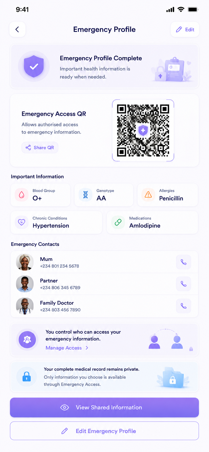Emergency profile screen — you control who can access your emergency information
