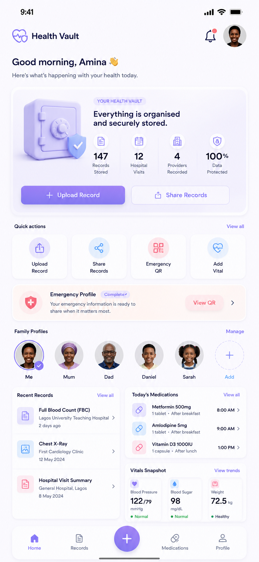 Health Vault app home screen showing your organised health record